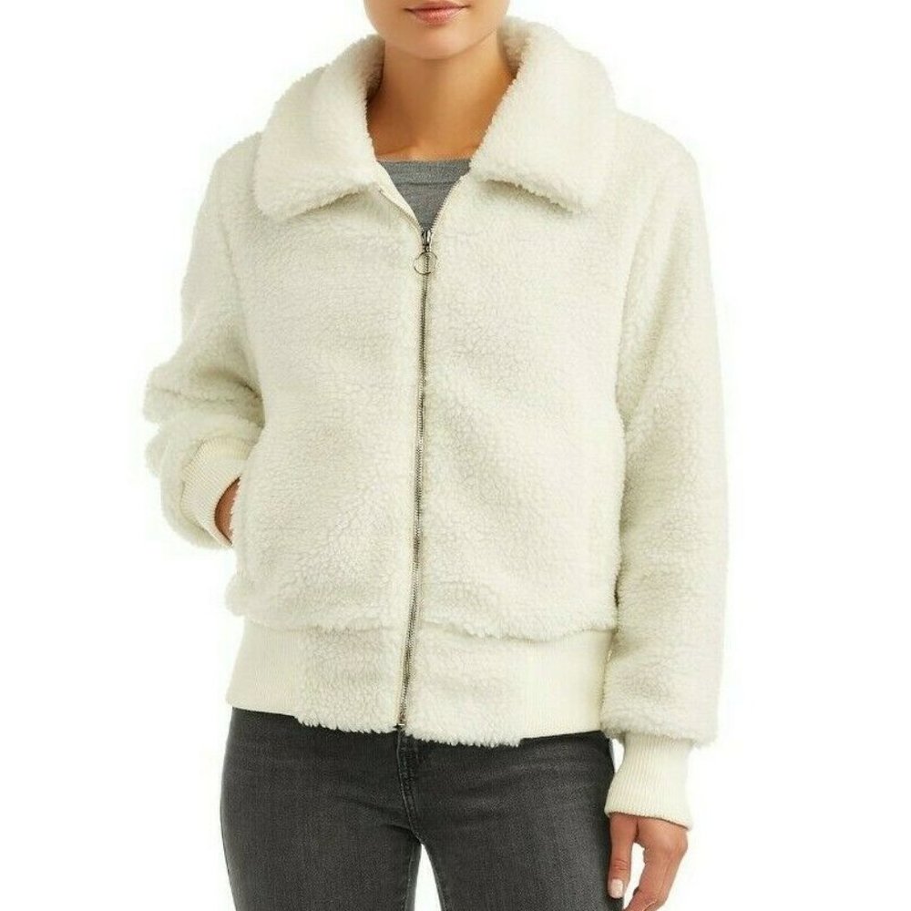 Jason Maxwell Women's  WHITE Faux Sherpa Bomber Jacket size M